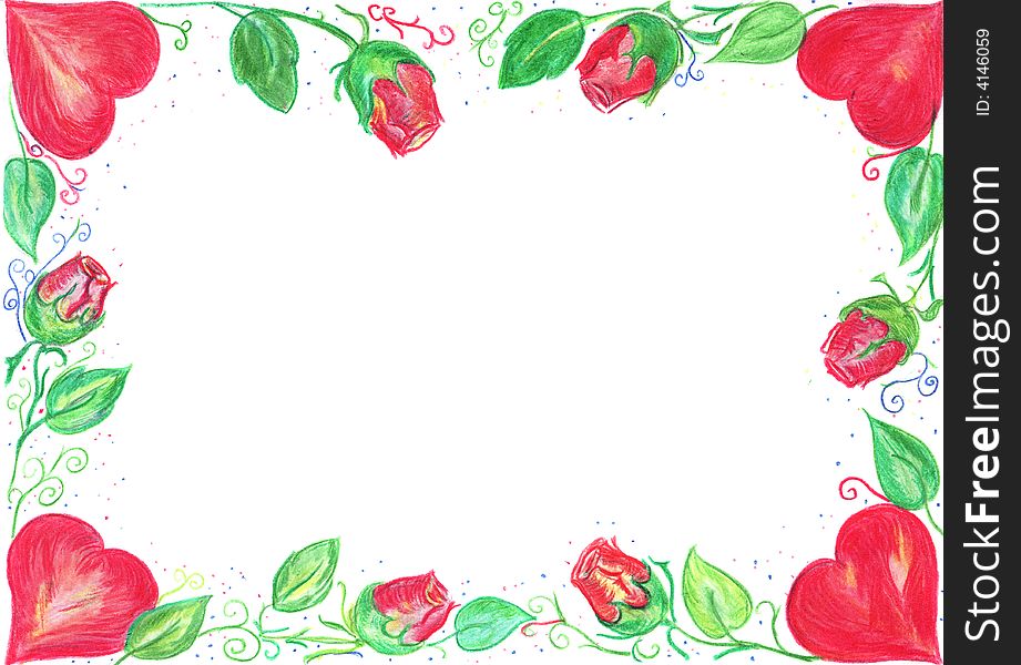 Hand drawn valentine card border with heart and roses