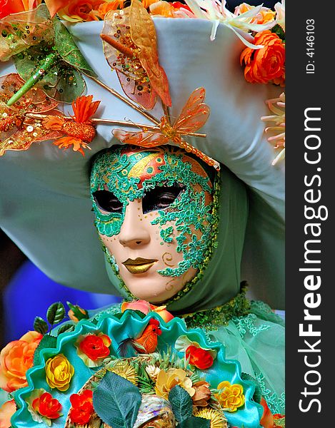 France. Paris: Celebration of the grape harvest of Montmartre.  Beautiful and colorful venetian mask
