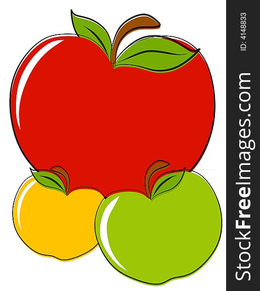 A clip art illustration featuring 3 apples in red, golden yellow and green with ample room for text isolated on white. A clip art illustration featuring 3 apples in red, golden yellow and green with ample room for text isolated on white
