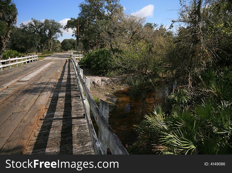 Old wooden bridge over Troublesome Creek in Florida. Old wooden bridge over Troublesome Creek in Florida
