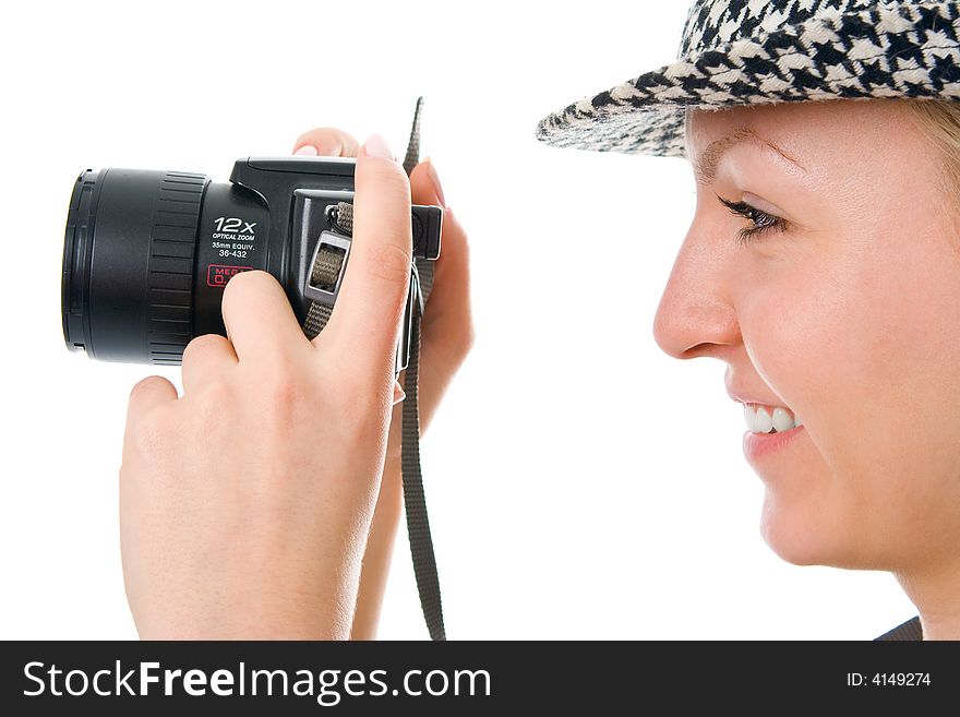 Woman photographer on white background