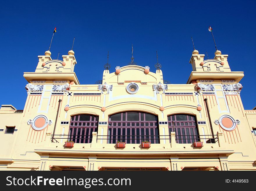 Font view of the Liberty building  entrance to the popular Mondello Beach in Palermo. Sicily, Italy. Font view of the Liberty building  entrance to the popular Mondello Beach in Palermo. Sicily, Italy