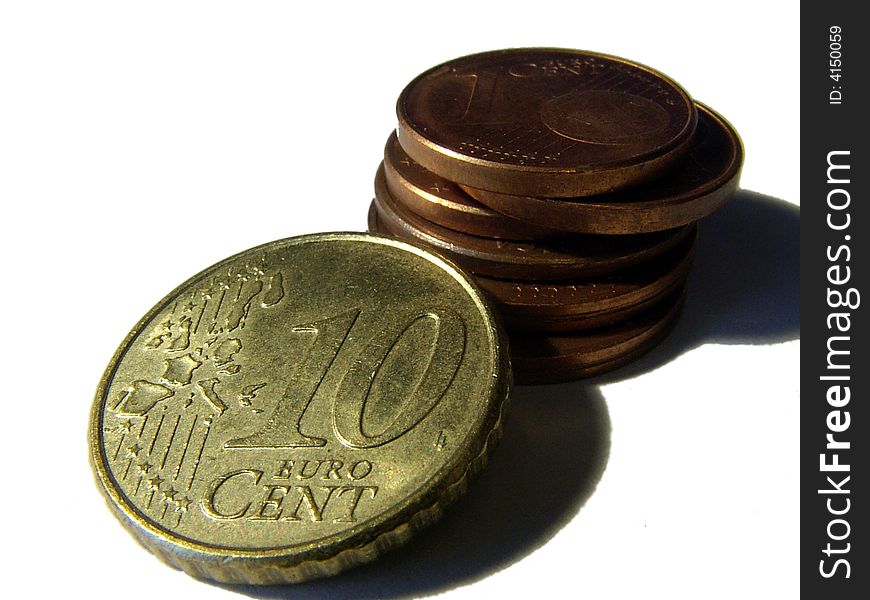 One, two and ten euro cent coins