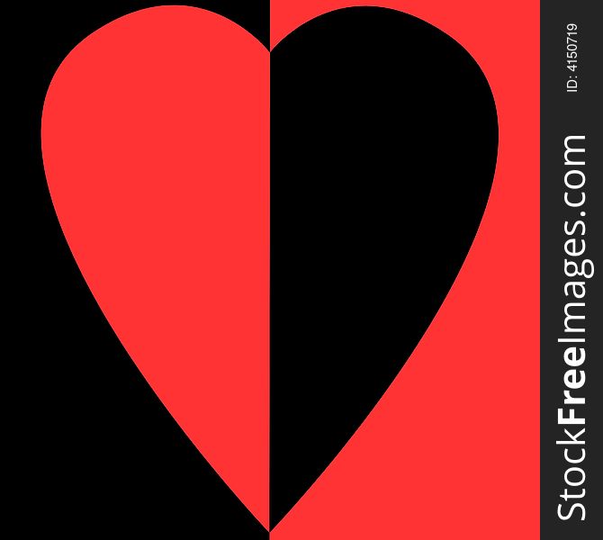 Bisected red and black heart on bisected white and red background. Bisected red and black heart on bisected white and red background