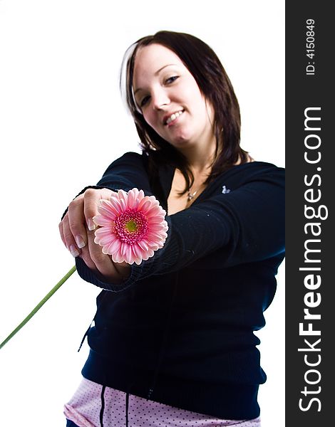 Young Woman Holding A Pink Flower