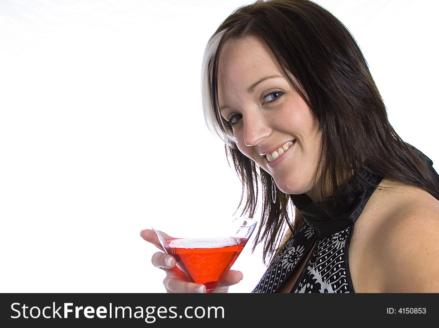 Young woman with blue eyes holding a red martini. Young woman with blue eyes holding a red martini