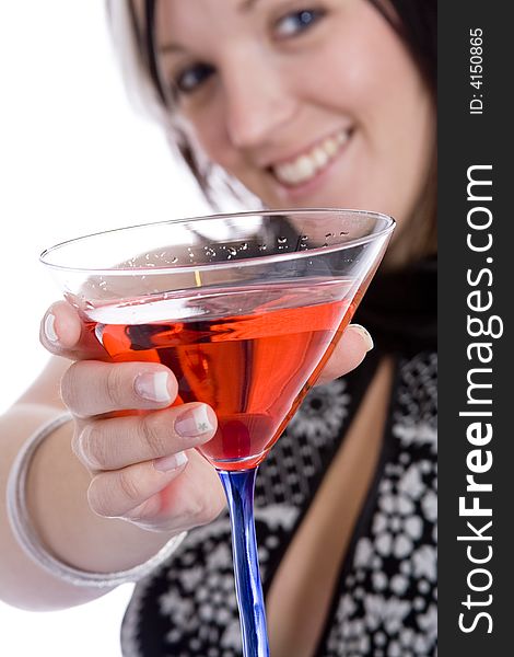 Young woman with blue eyes holding a red martini. Young woman with blue eyes holding a red martini