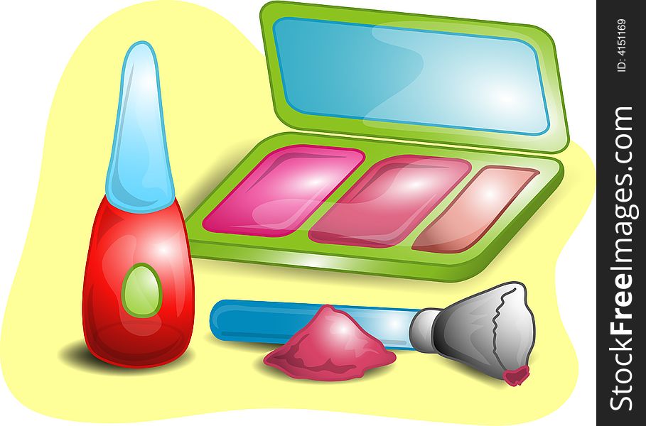 Illustrations of different beauty products including, powder,mascara, and an applicator with mirrored case. Illustrations of different beauty products including, powder,mascara, and an applicator with mirrored case.