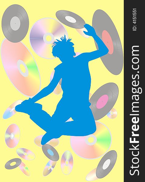 The young man jumps on a background of musical disks