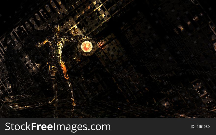 Detaild cg cyborg man playing with technology