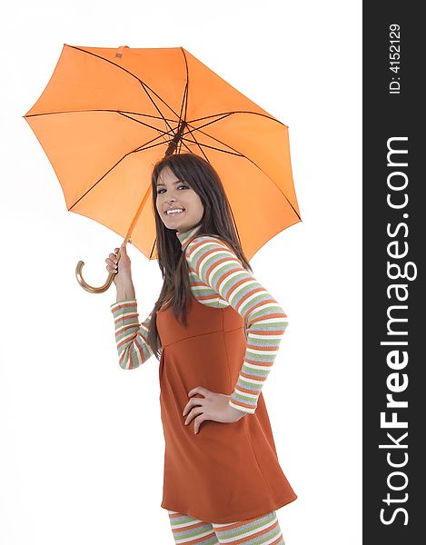 Pretty girl with orange umbrella in her hand. Pretty girl with orange umbrella in her hand