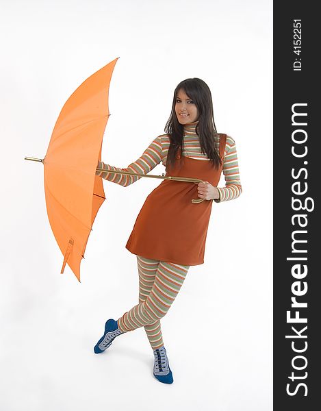 Pretty girl with orange umbrella in her hand. Pretty girl with orange umbrella in her hand