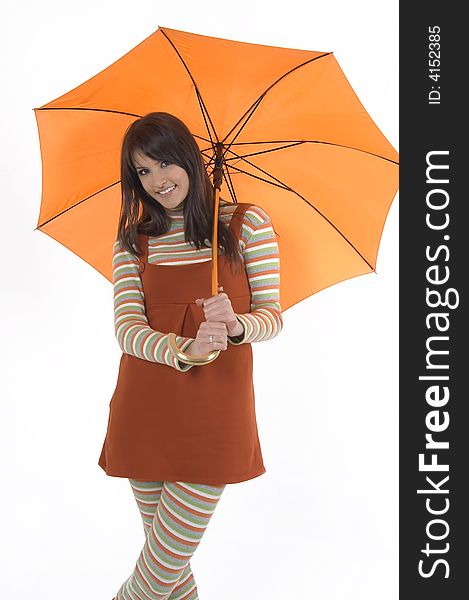Pretty girl with orange umbrella in her hand. Pretty girl with orange umbrella in her hand