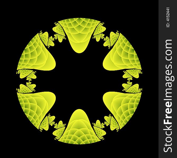 A yellow and green circular fractal that has the texture of imaginary dragon skin.