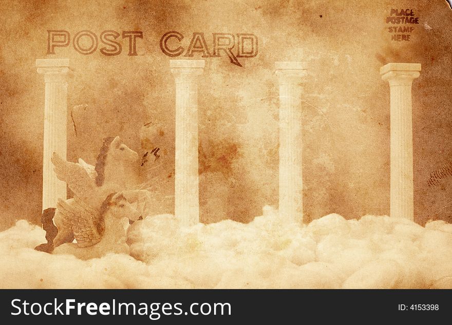 Winged Horse with Clouds and Columns, Vintage Postcard