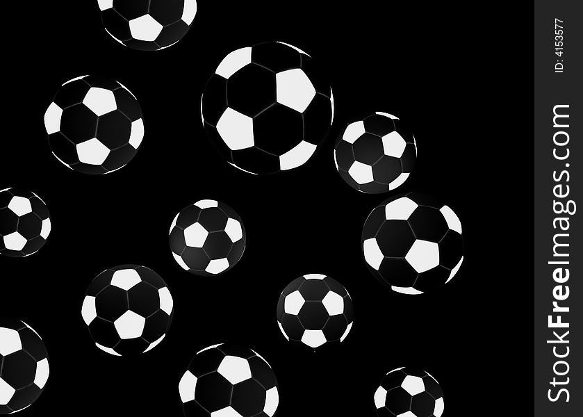 Soccer balls on black background - 3d illustration