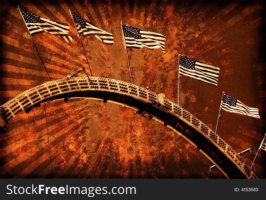 Vintage Grunge Style Rollercoaster with Flags. Vintage Grunge Style Rollercoaster with Flags