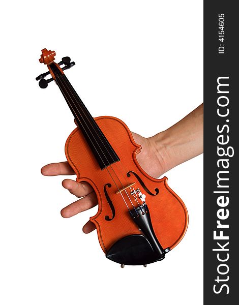 Small violin in a hand. A white background