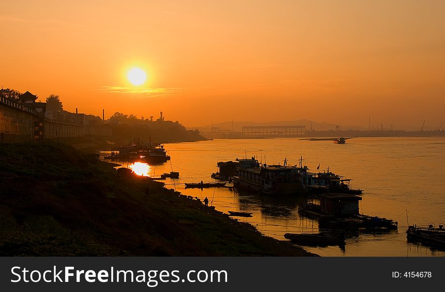Warm golden sunset, Chinese port. Warm golden sunset, Chinese port.