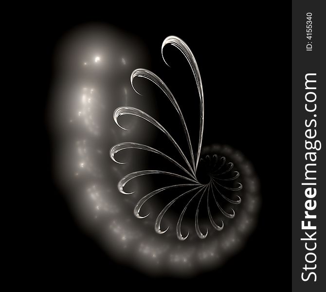 Abstract fractal image resembling a silver floral spiral