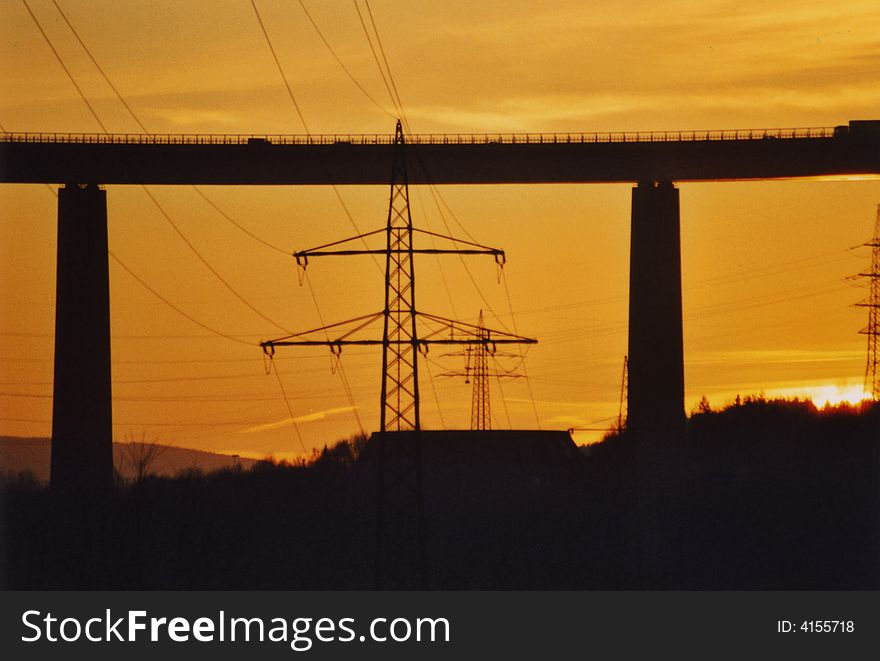 Bridge of the german Autobahn during sunset
