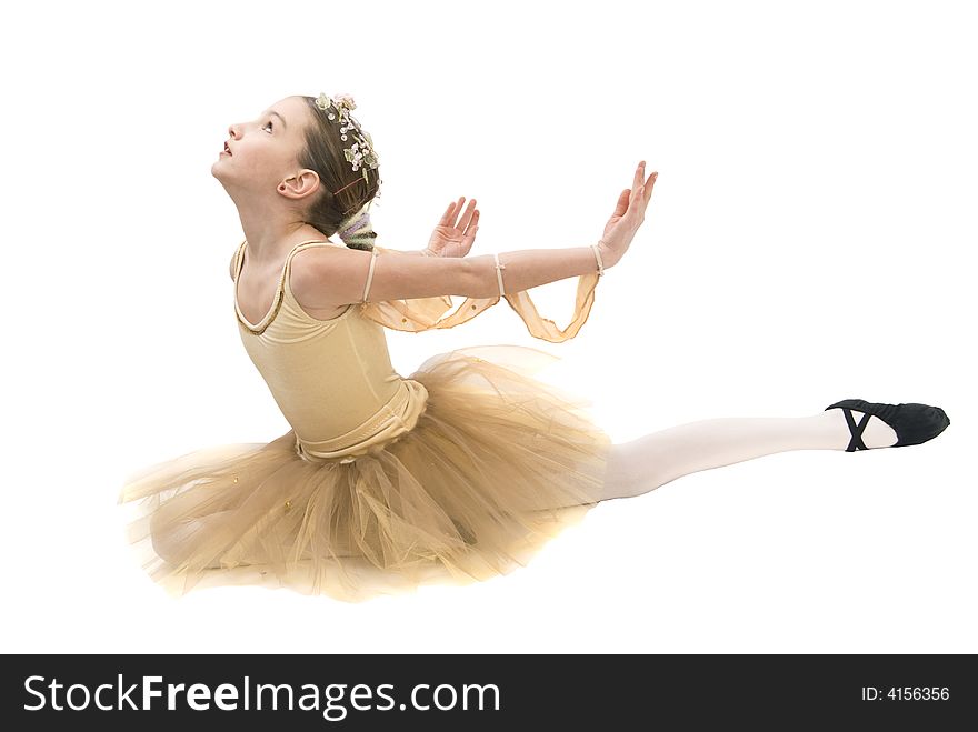 Young dancer girl in gold skirt and blouse. Young dancer girl in gold skirt and blouse