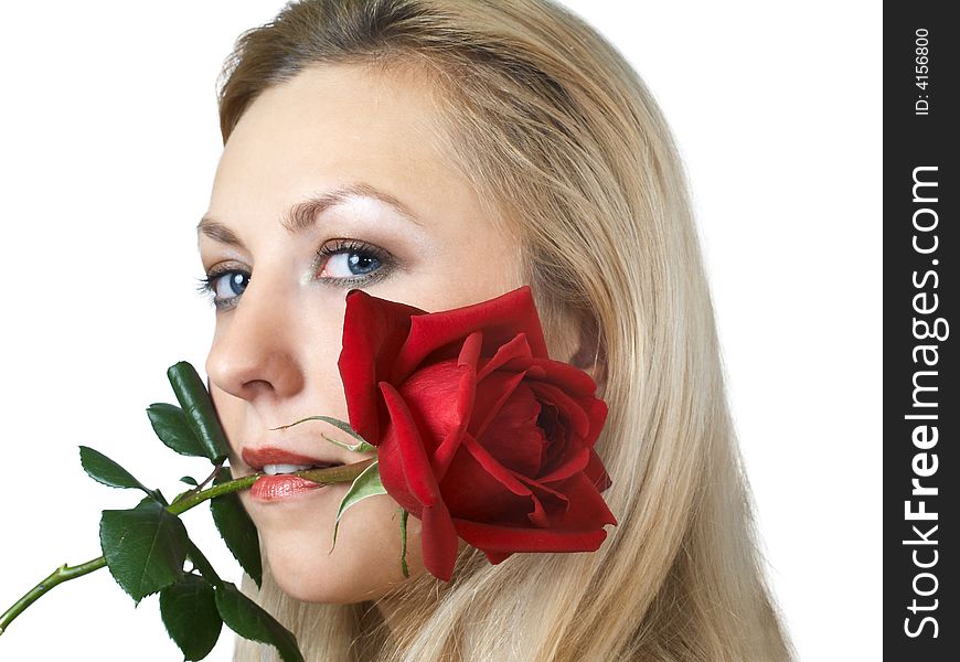 Blonde girl with blood red rose in mouth. Blonde girl with blood red rose in mouth