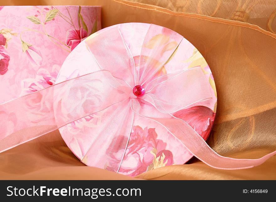 Pink Floral Gift box and lid with ribbon and gem stone