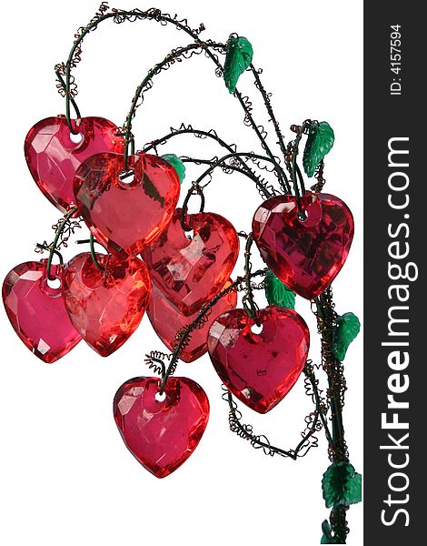 Bunch of nine red glass hearts with steel stalks and plastic leafs on white background. Bunch of nine red glass hearts with steel stalks and plastic leafs on white background