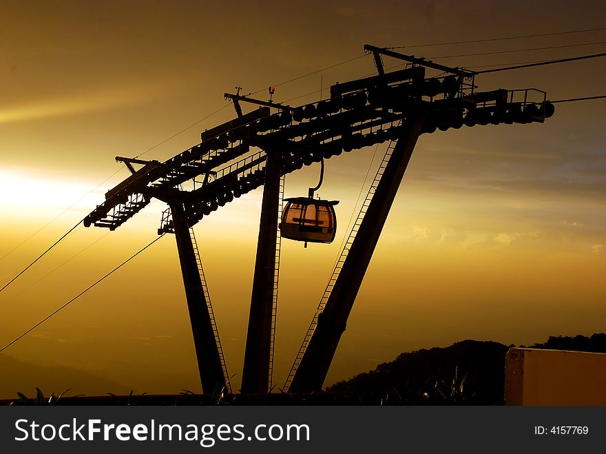 Views a cable car image on the sunsets background