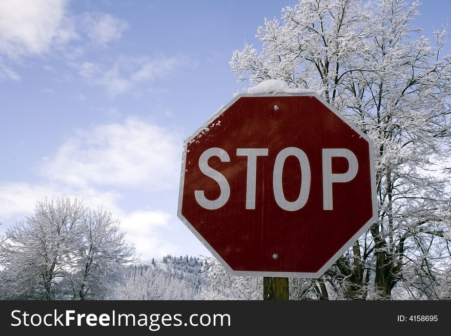 A red stop sign with a very wintry background.