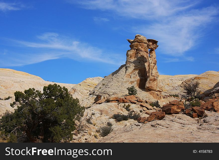 View of the red rock formations in Canyonlands National Park with blue skyï¿½s and clouds