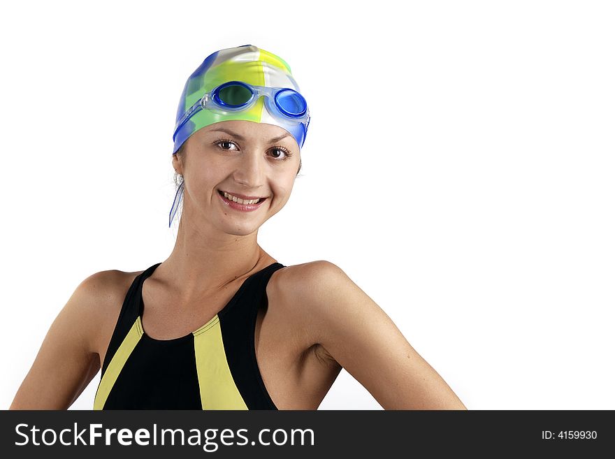 Portrait smile swimmer  girl isolated. Portrait smile swimmer  girl isolated