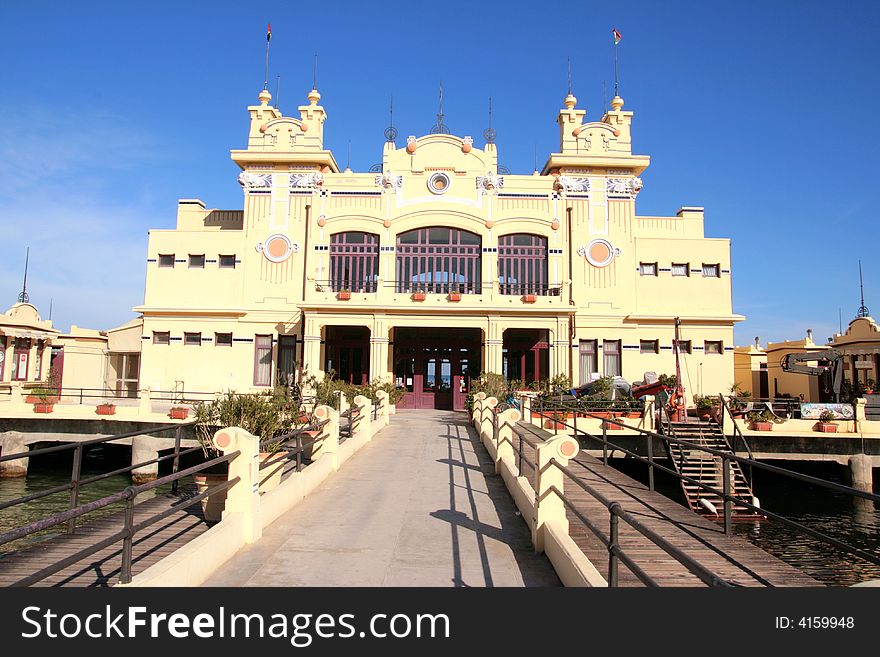 Font view of the Liberty building  entrance to the popular Mondello Beach in Palermo. Sicily, Italy. Font view of the Liberty building  entrance to the popular Mondello Beach in Palermo. Sicily, Italy