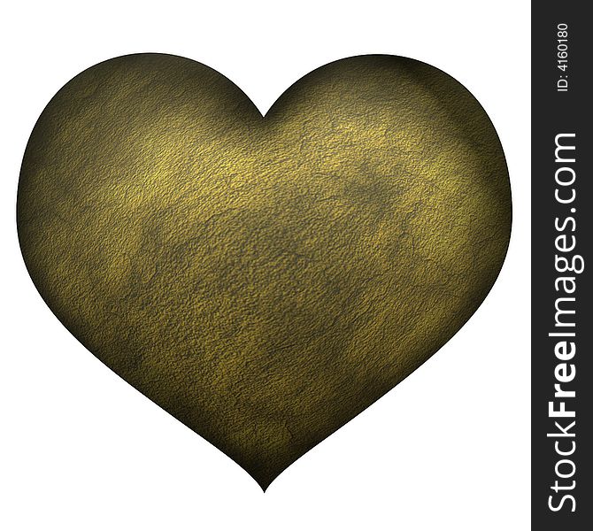 A gold coloured heart with a textured surface. A gold coloured heart with a textured surface.