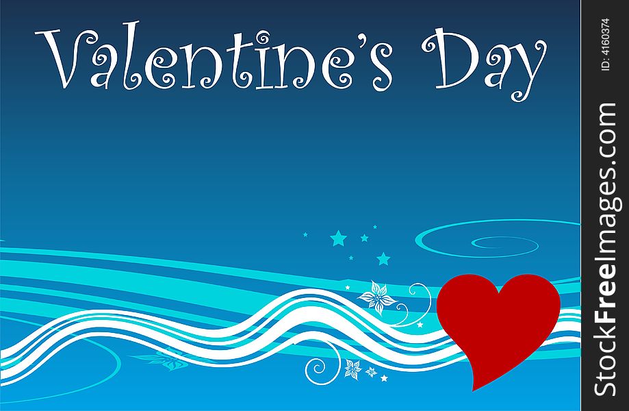 Illustration of red love heart and wave effect on blue Valentines day background with copy space.