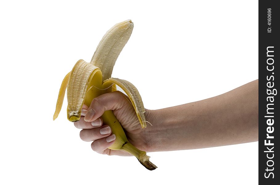 Hand holding bananas isolated on white backdround