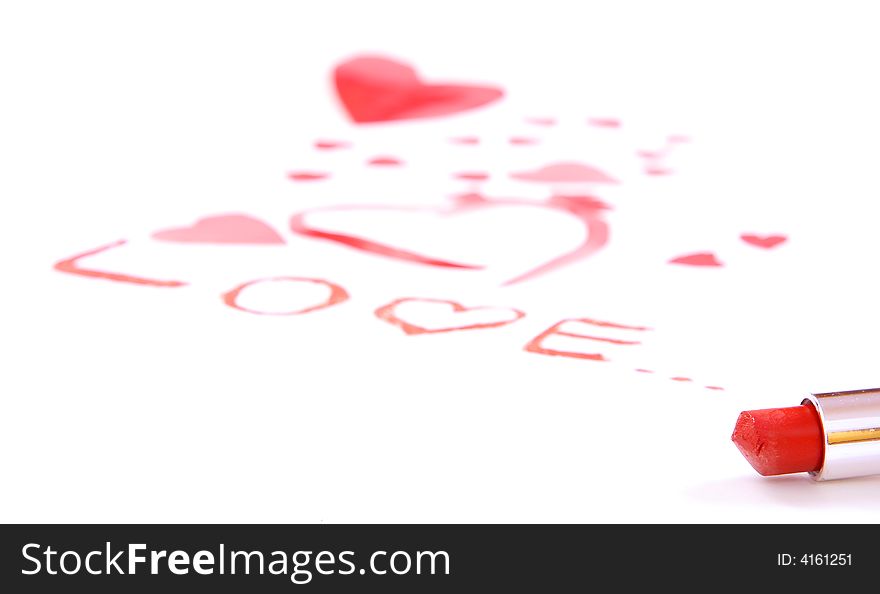 Valentine symbol, lipstick and red hearts