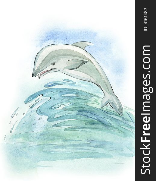 Illustration with dolphin and sea waves. Illustration with dolphin and sea waves
