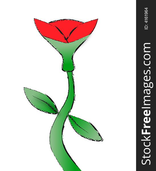 Illustration of simple red flower with two leaves.