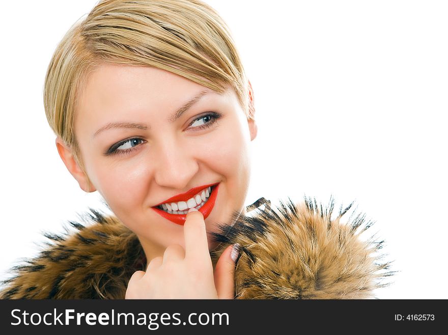 Beauty woman in fur on white background