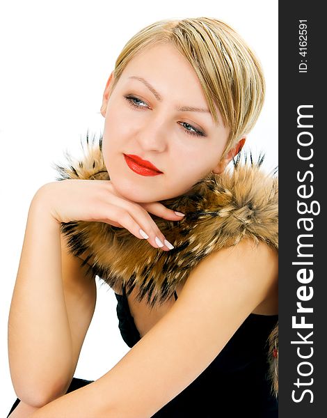 Beauty woman in fur on white background