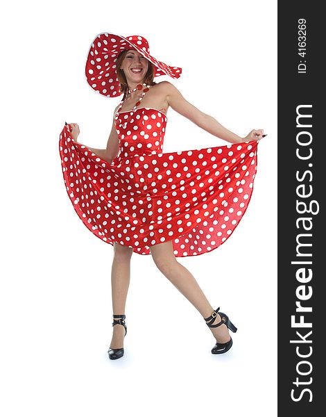 Portrait redheaded with spotted dress on white background