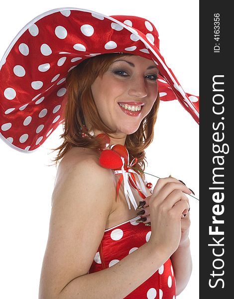 Portrait redheaded with spotted dress on white background