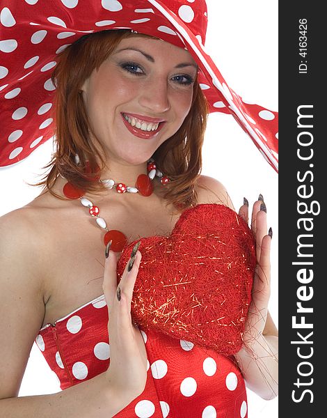 Portrait redheaded with spotted dress on white background