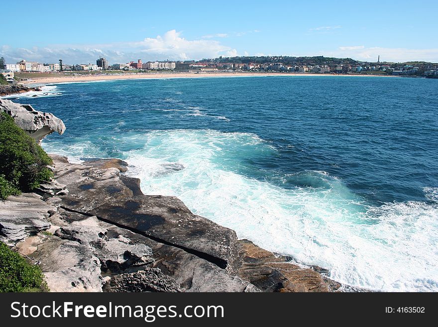 Bondi Beach from the rocks, Sydney, Australia. Bondi Beach from the rocks, Sydney, Australia