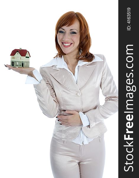 Business woman advertises real estate on isolated background