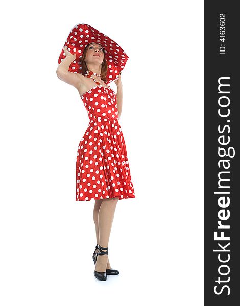 Portrait redheaded with spotted dress on white background