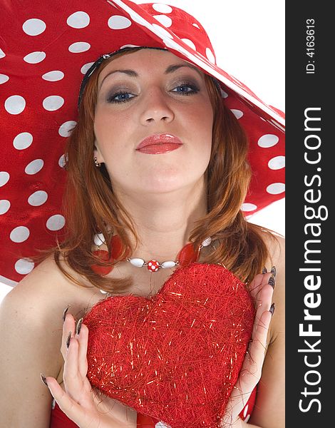 Portrait redheaded with spotted dress on white background
