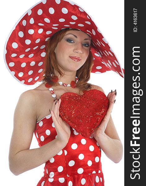 Portrait redheaded with spotted dress on white background